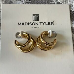 Madison Tyler Gold tone Triple Hoop‎ Earrings Polished Interlocking C-Hoops New